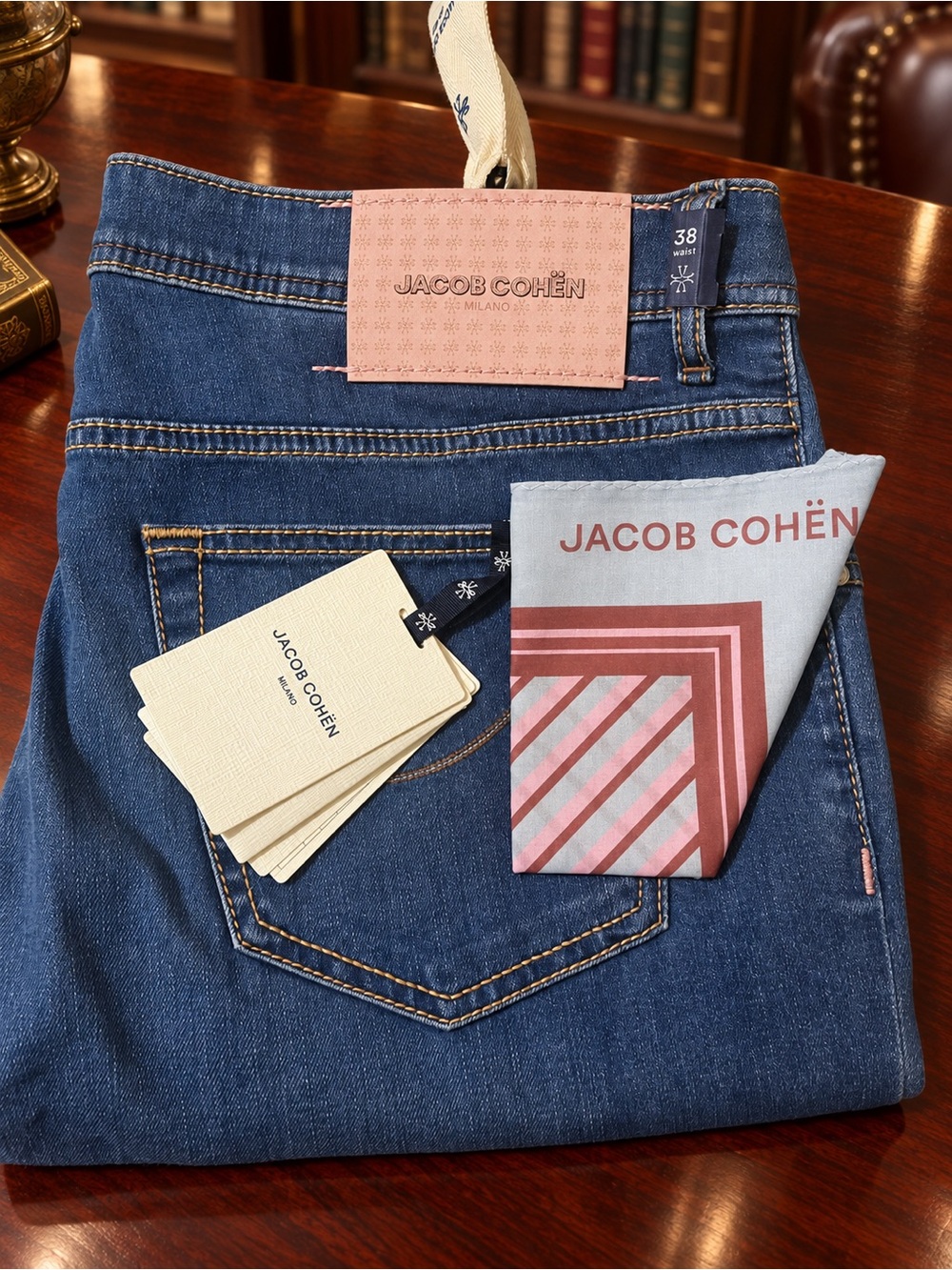 Jacob Cohen Men's Blue Denim Jeans with Pink Leather Patch